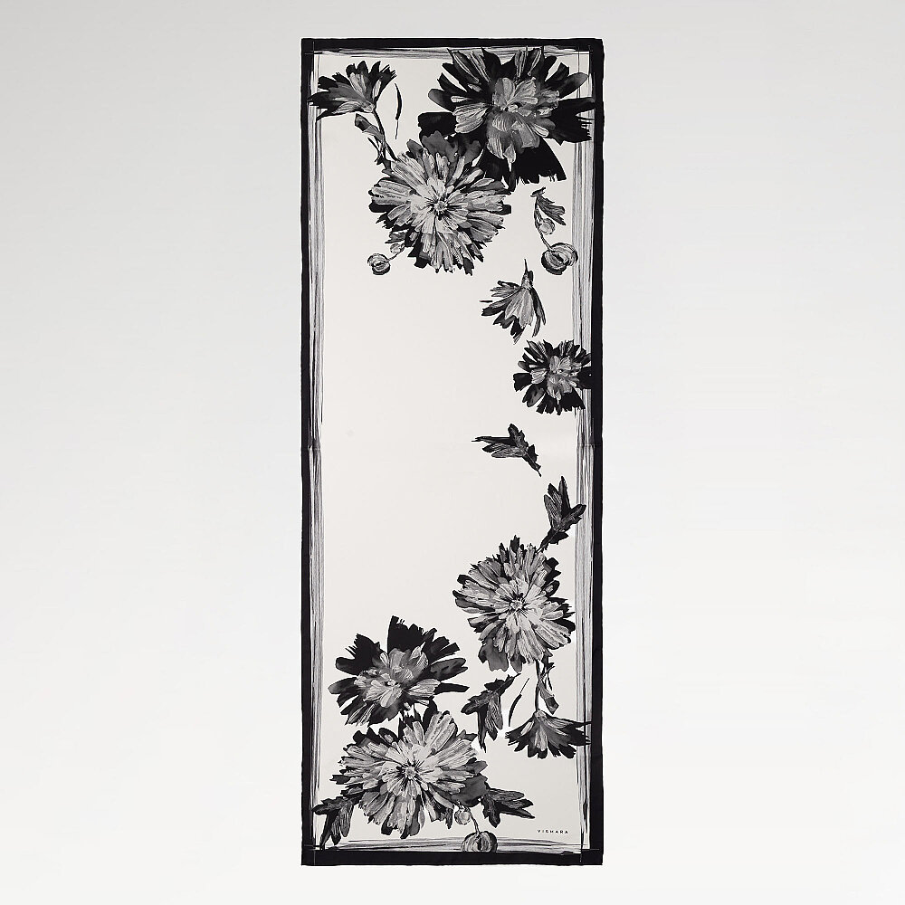 Grey Chrysanthemum Breeze Patterned Silk Scarf - 2
