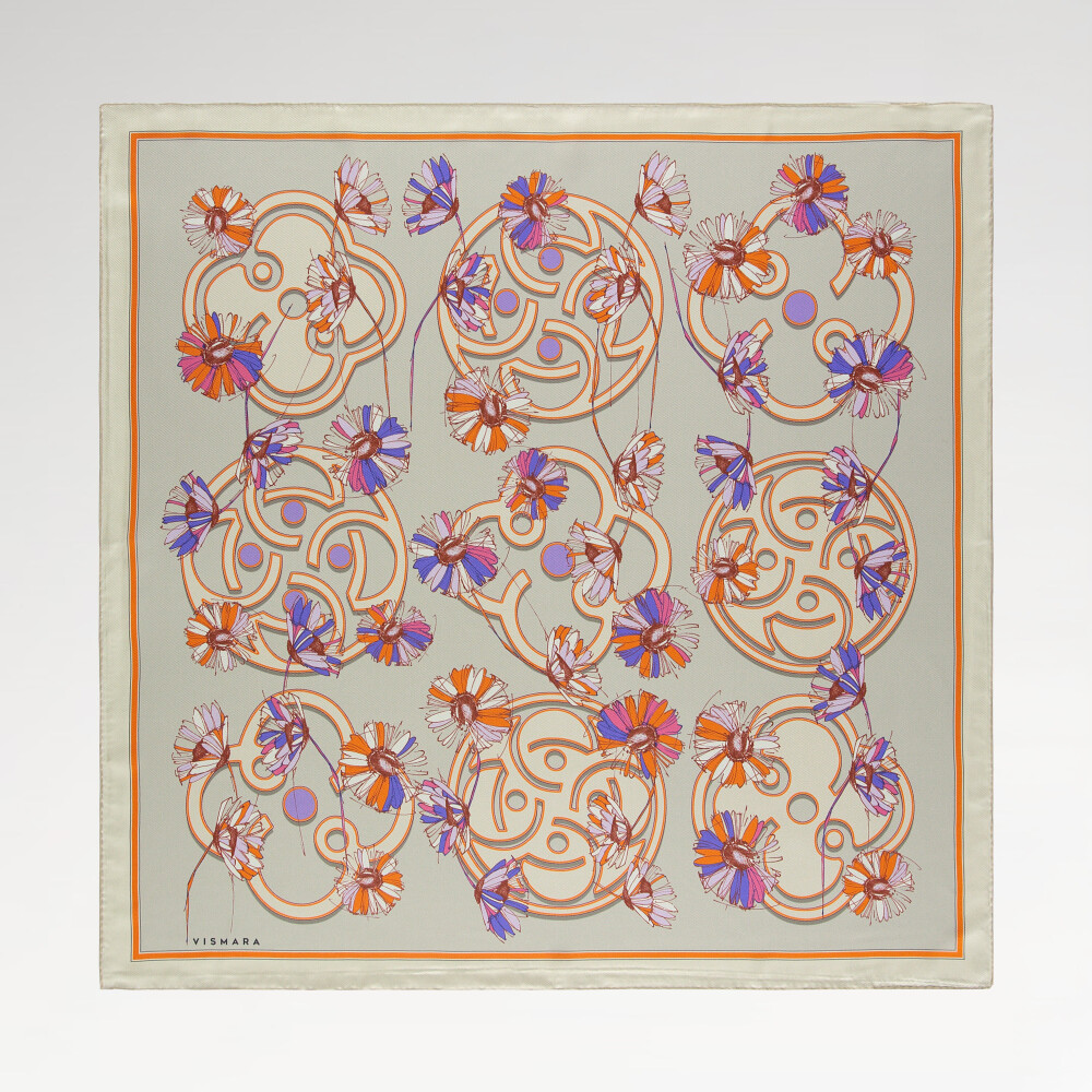 Gray Daisyne Pattern Twill Silk Square Scarf
