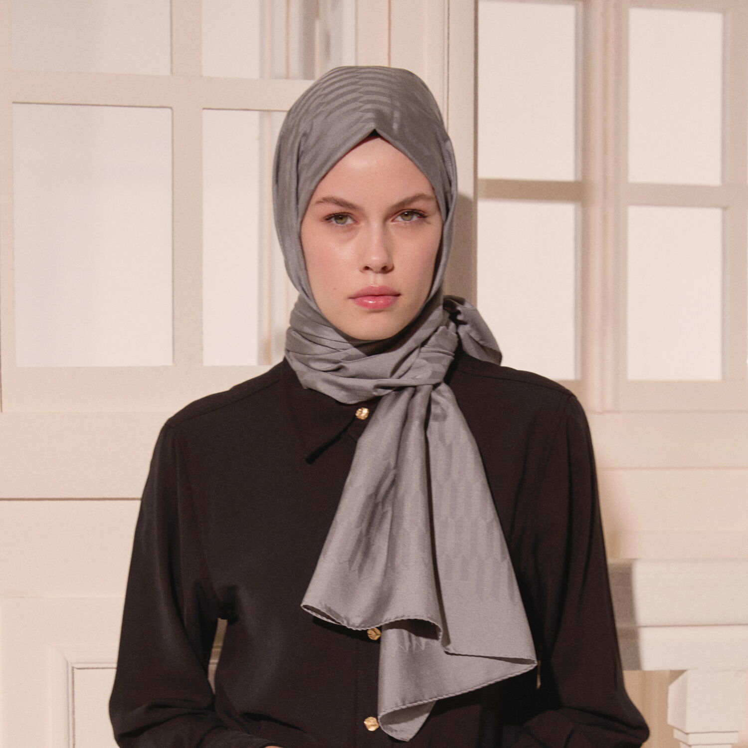 Grey Drop Pattern Jacquard Wool Silk Scarf - 3