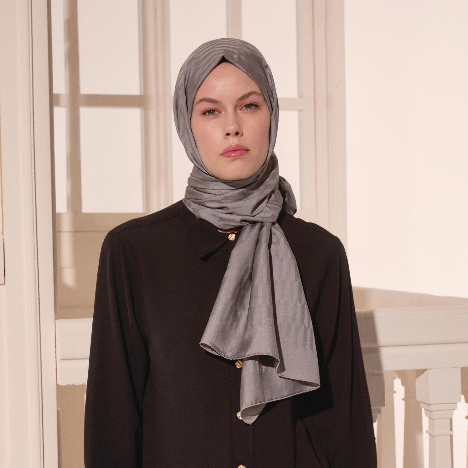 Grey Drop Pattern Jacquard Wool Silk Scarf - 4