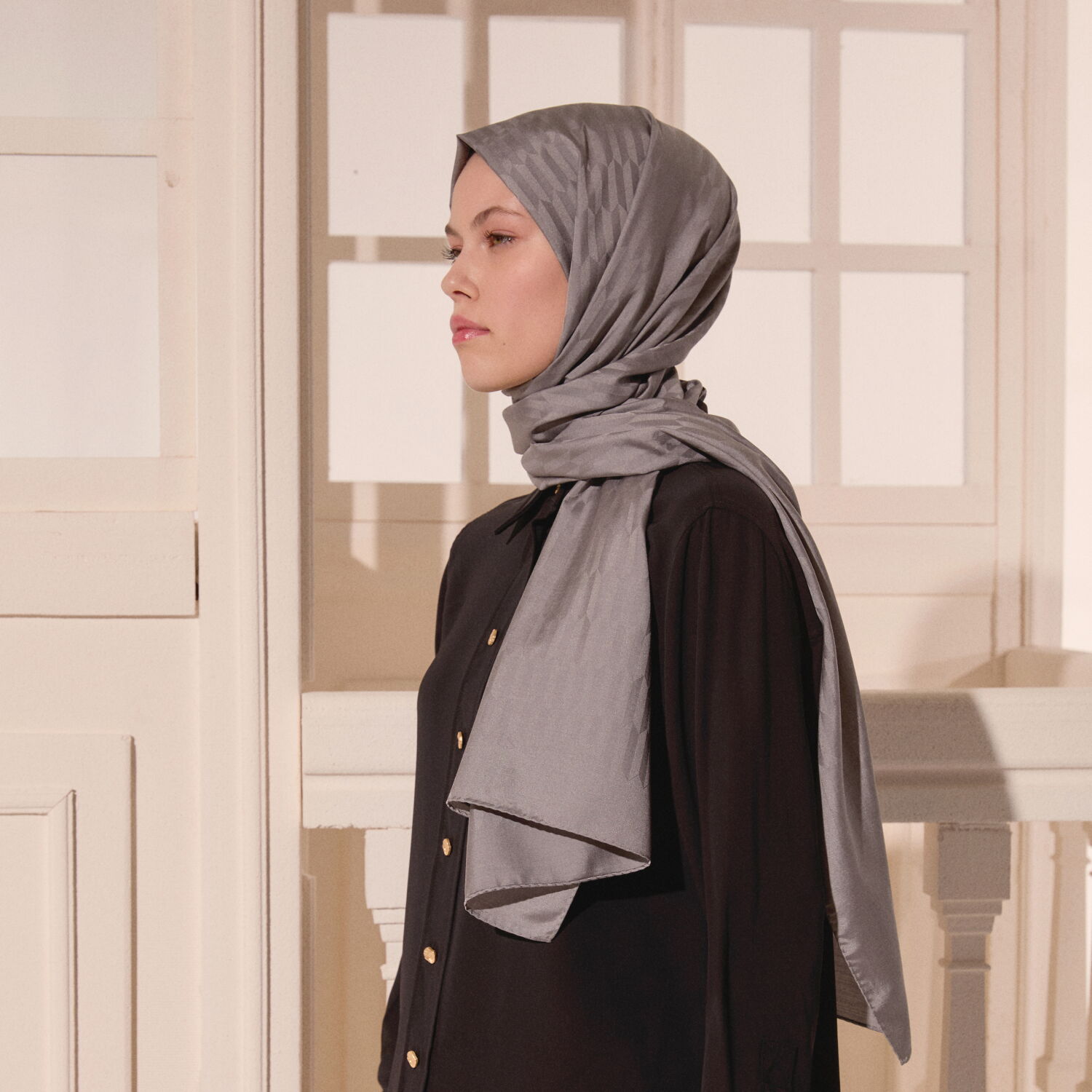 Grey Drop Pattern Jacquard Wool Silk Scarf - 6