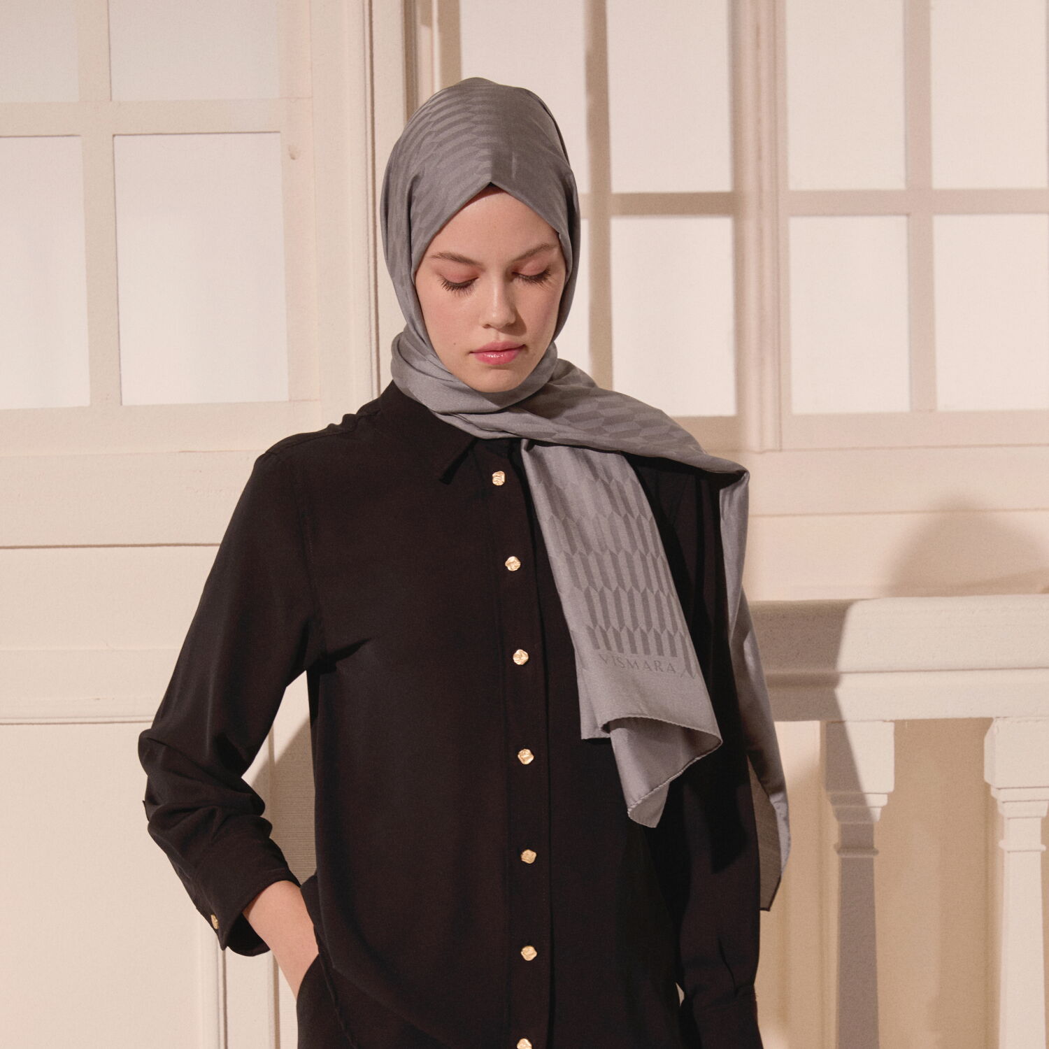 Grey Drop Pattern Jacquard Wool Silk Scarf - 7