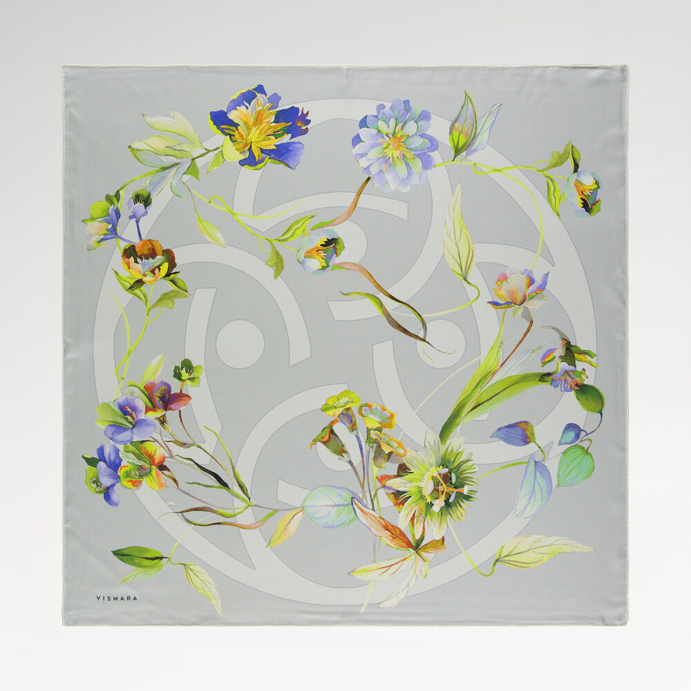 Grey Flora Symbol Pattern Twill Silk Square Scarf