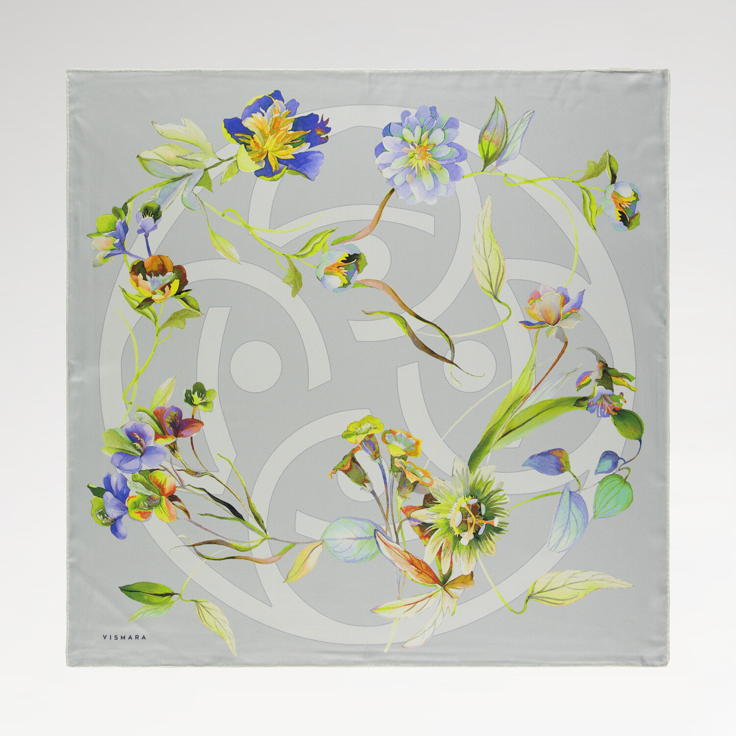 Grey Flora Symbol Pattern Twill Silk Square Scarf - 1