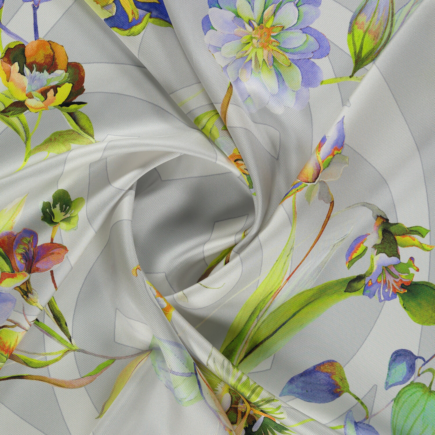 Grey Flora Symbol Pattern Twill Silk Square Scarf - 2