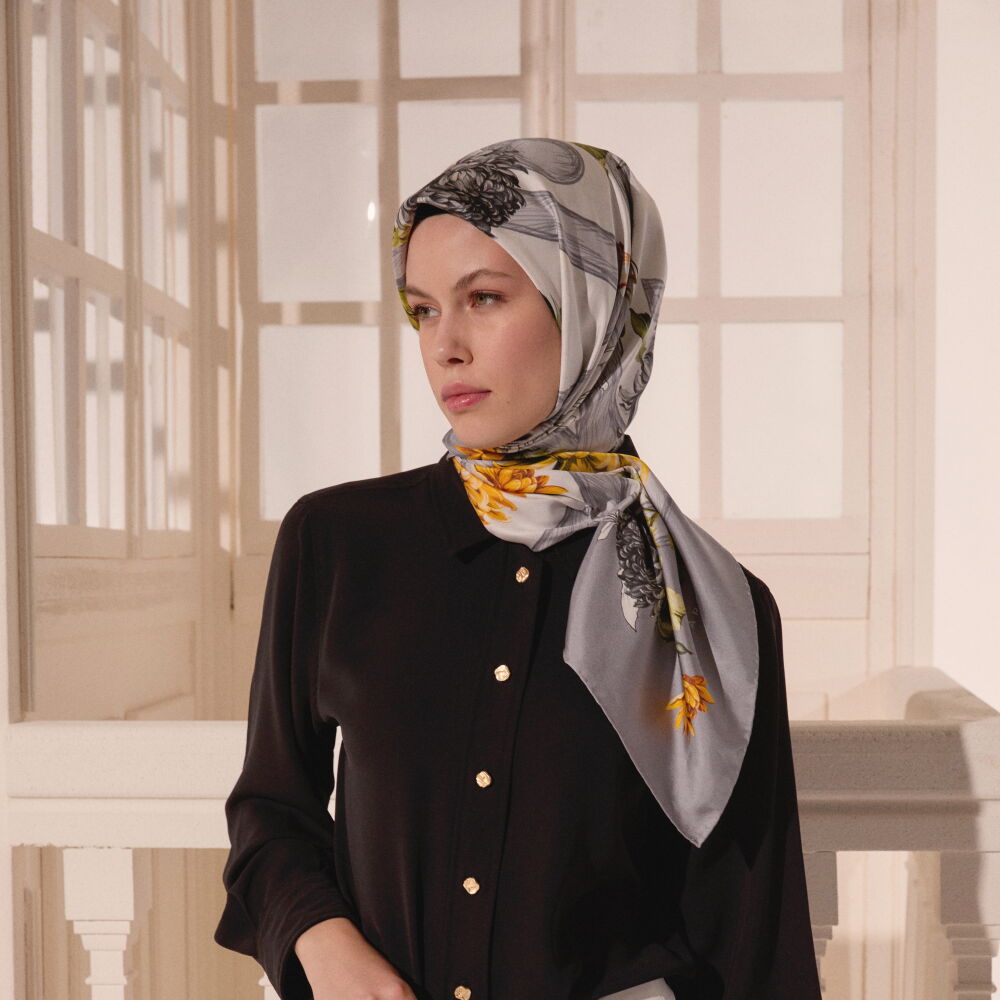 Grey Flower Magic Patterned Twill Silk Square Scarf - Vismara