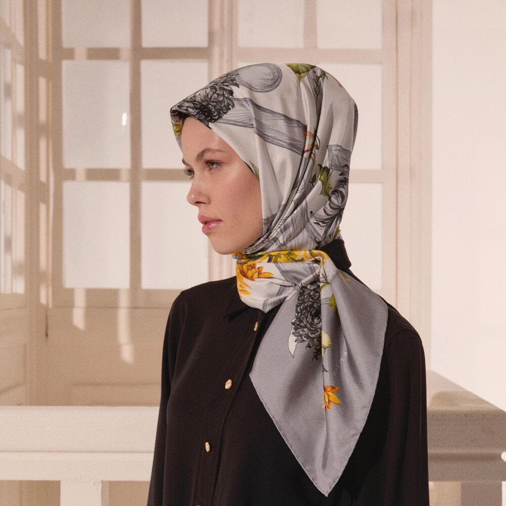 Grey Flower Magic Patterned Twill Silk Square Scarf - Vismara