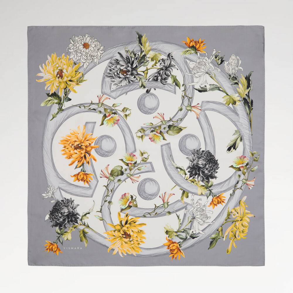 Grey Flower Magic Patterned Twill Silk Square Scarf