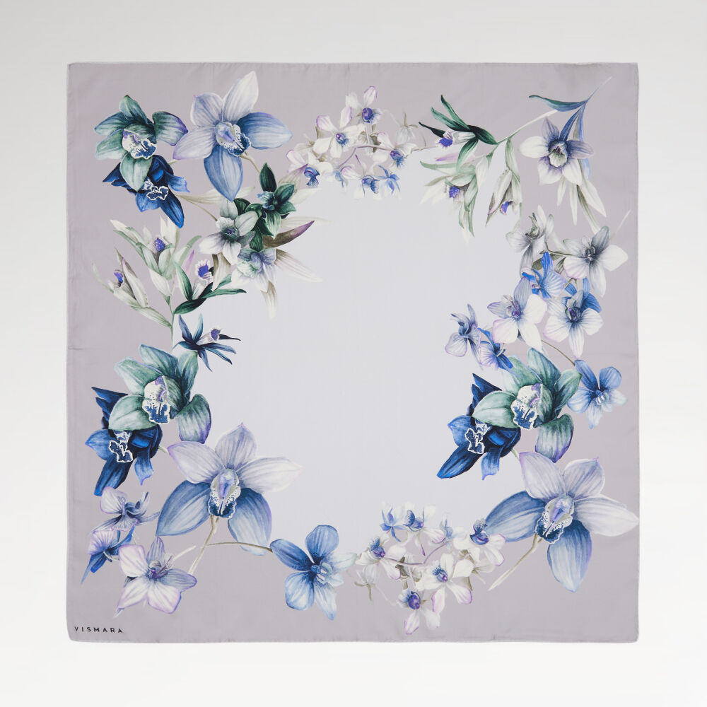 Grey Orchid Flower Patterned Twill Silk Square Scarf