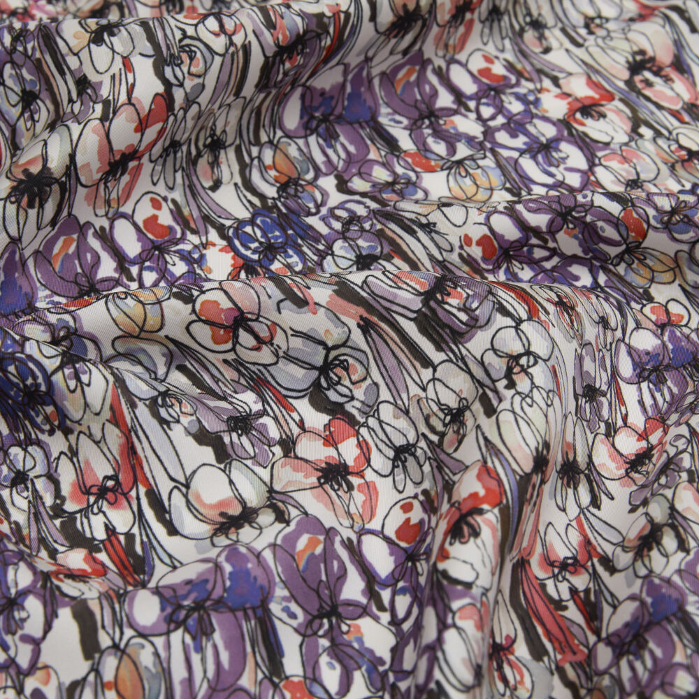 Grey Spring Flowers Patterned Twill Silk Square Scarf - Vismara