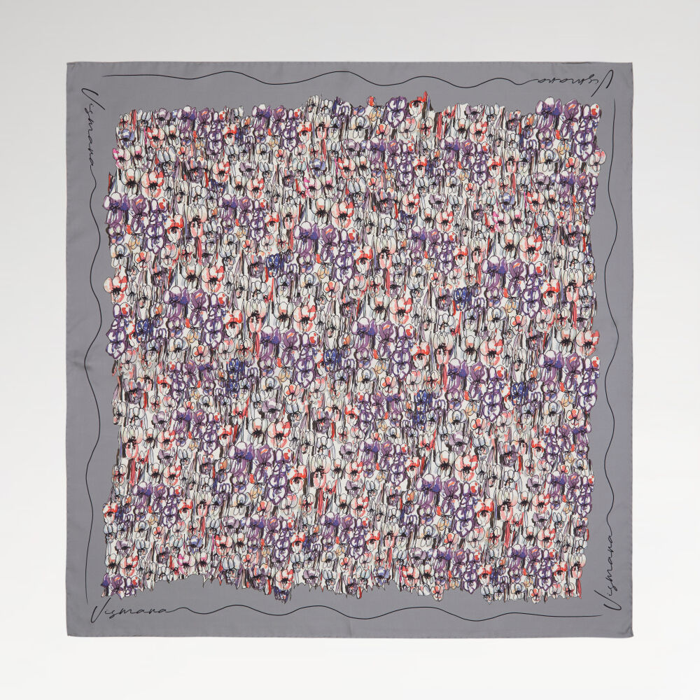 Grey Spring Flowers Patterned Twill Silk Square Scarf