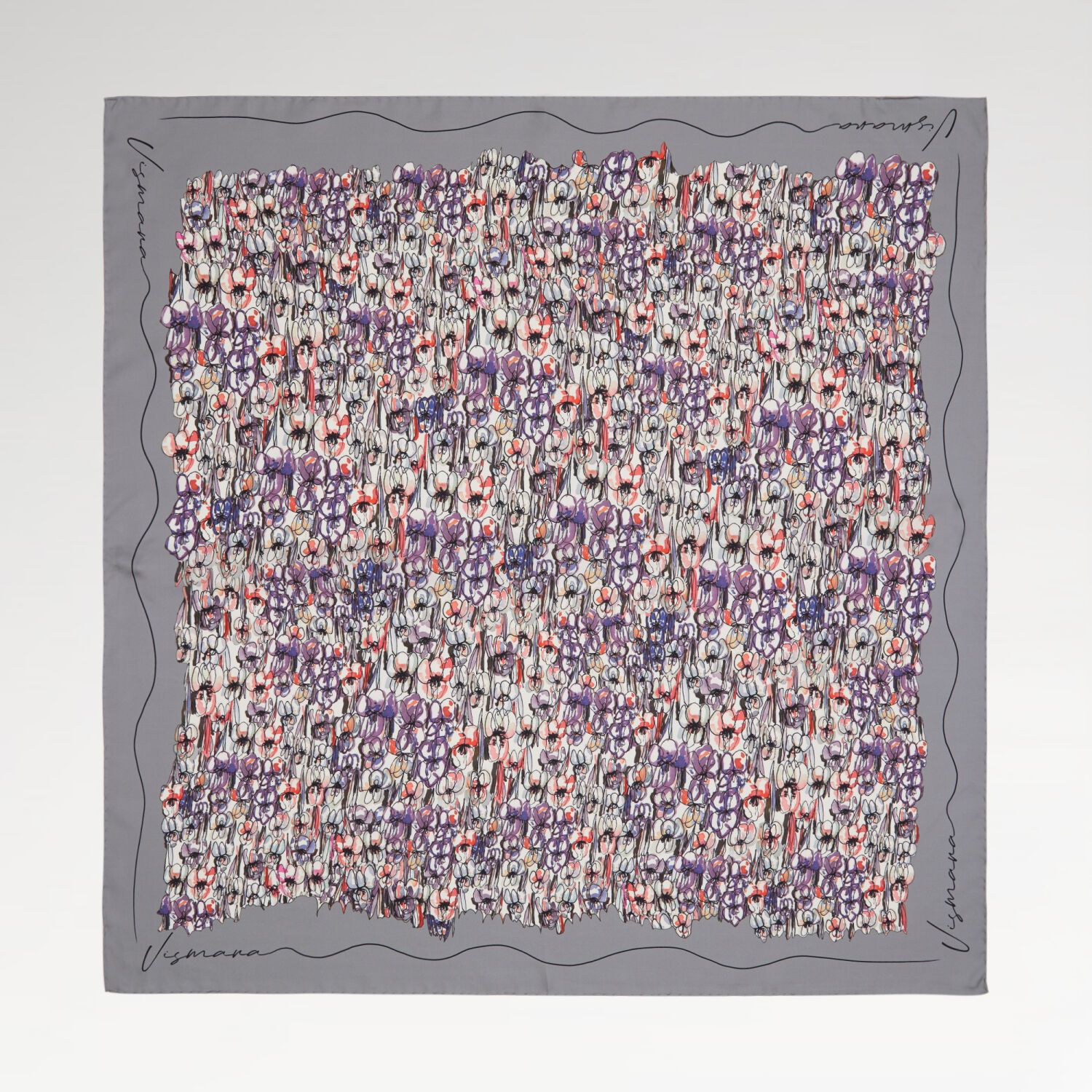 Grey Spring Flowers Patterned Twill Silk Square Scarf - 1