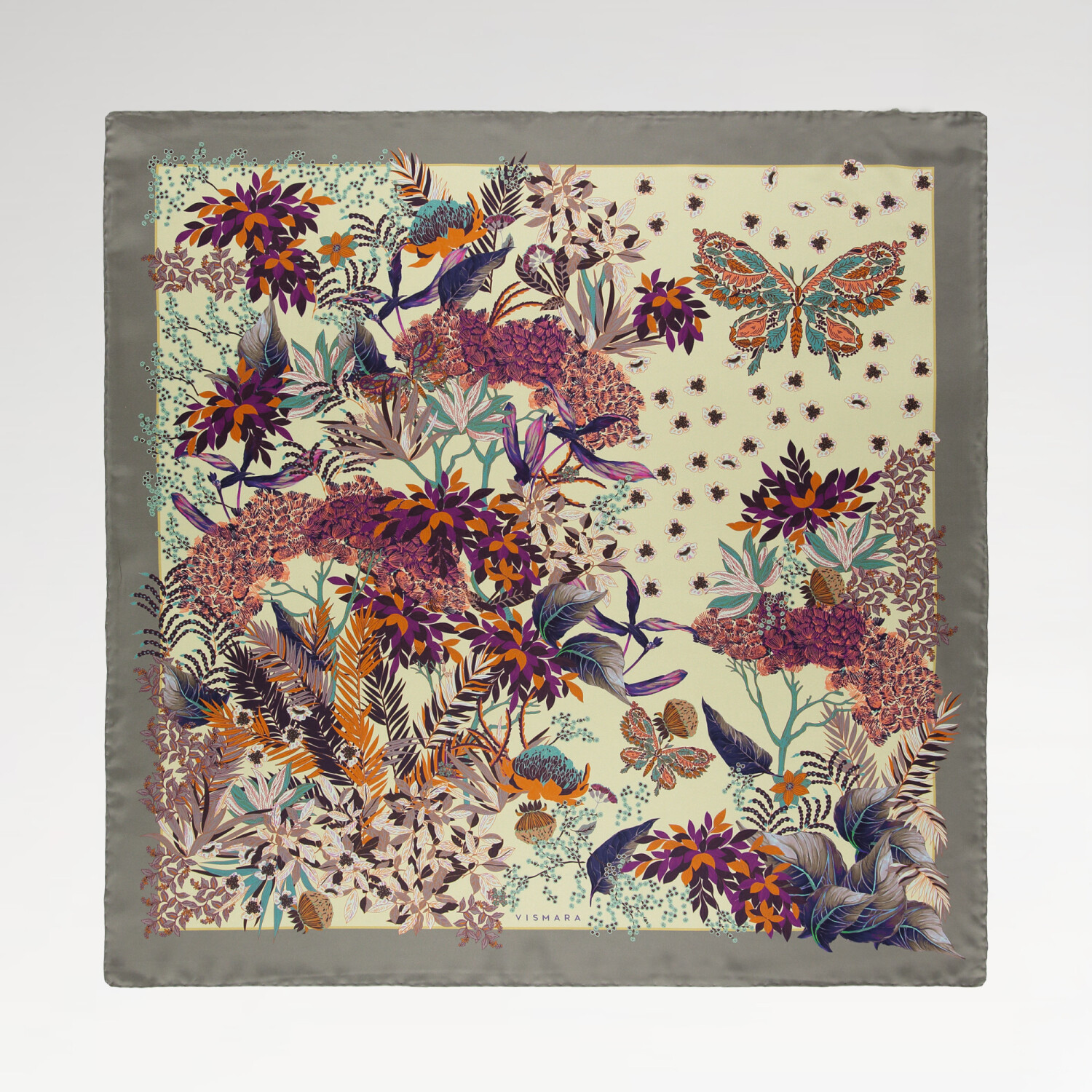Grey Tropical Butterfly Pattern Twill Silk Square Scarf - 1