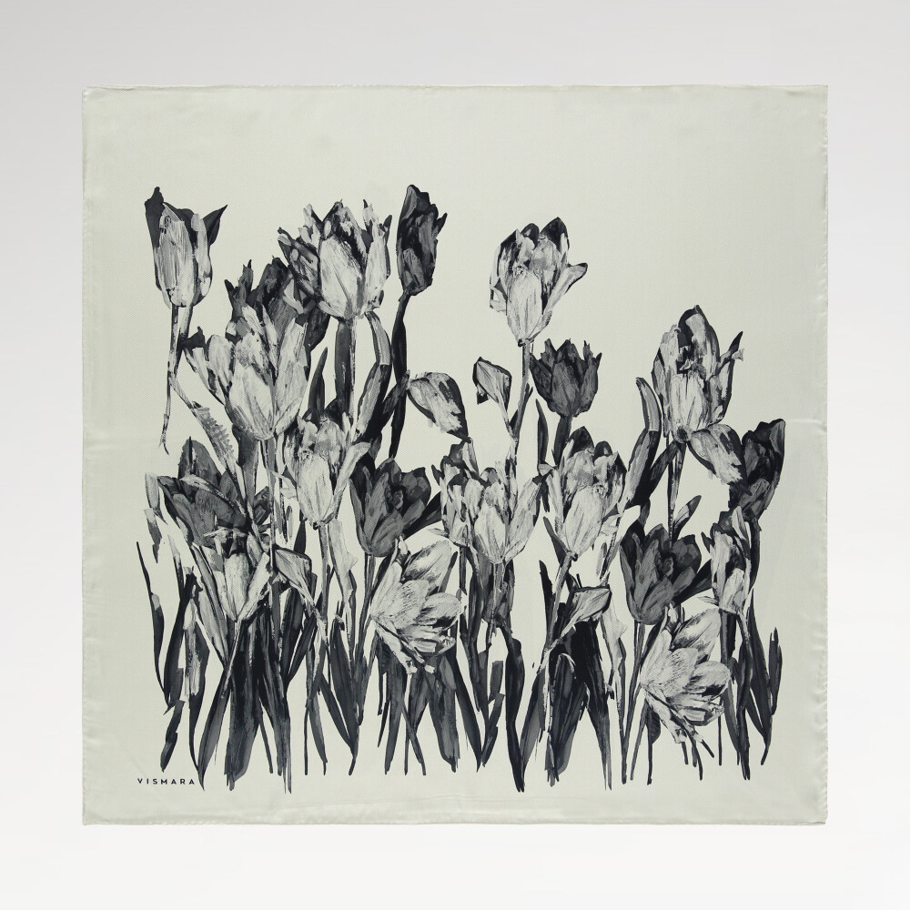 Grey Tulip Garden Pattern Twill Silk Square Scarf