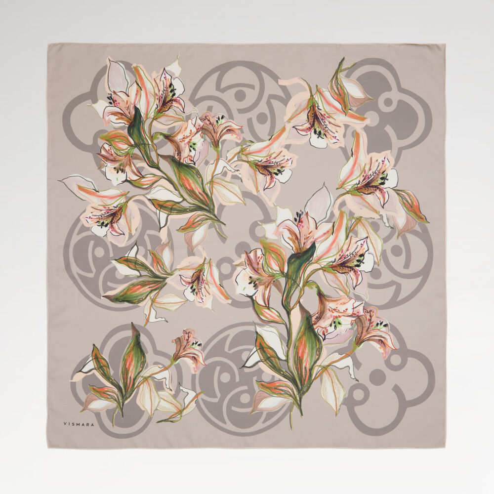 Grey Vismara Monogram Lily Flower Patterned Twill Silk Square Scarf