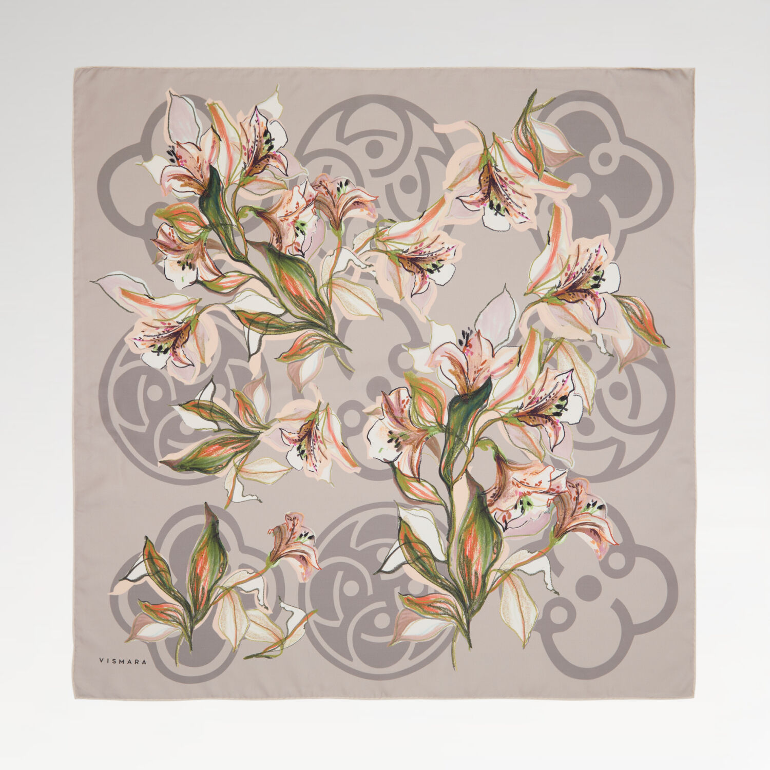 Grey Vismara Monogram Lily Flower Patterned Twill Silk Square Scarf - 1