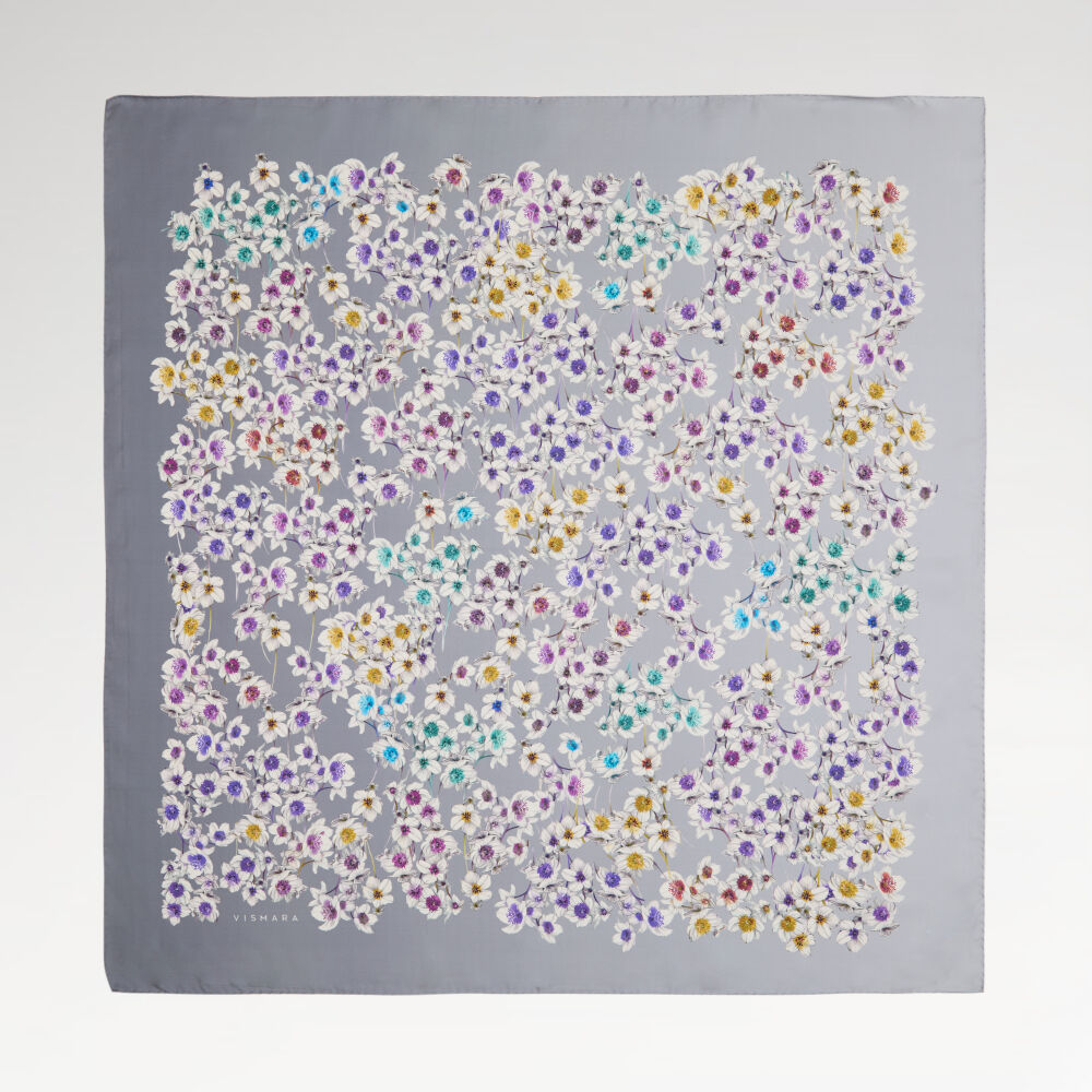 Grey Watercolour Floral Pattern Twill Silk Square Scarf