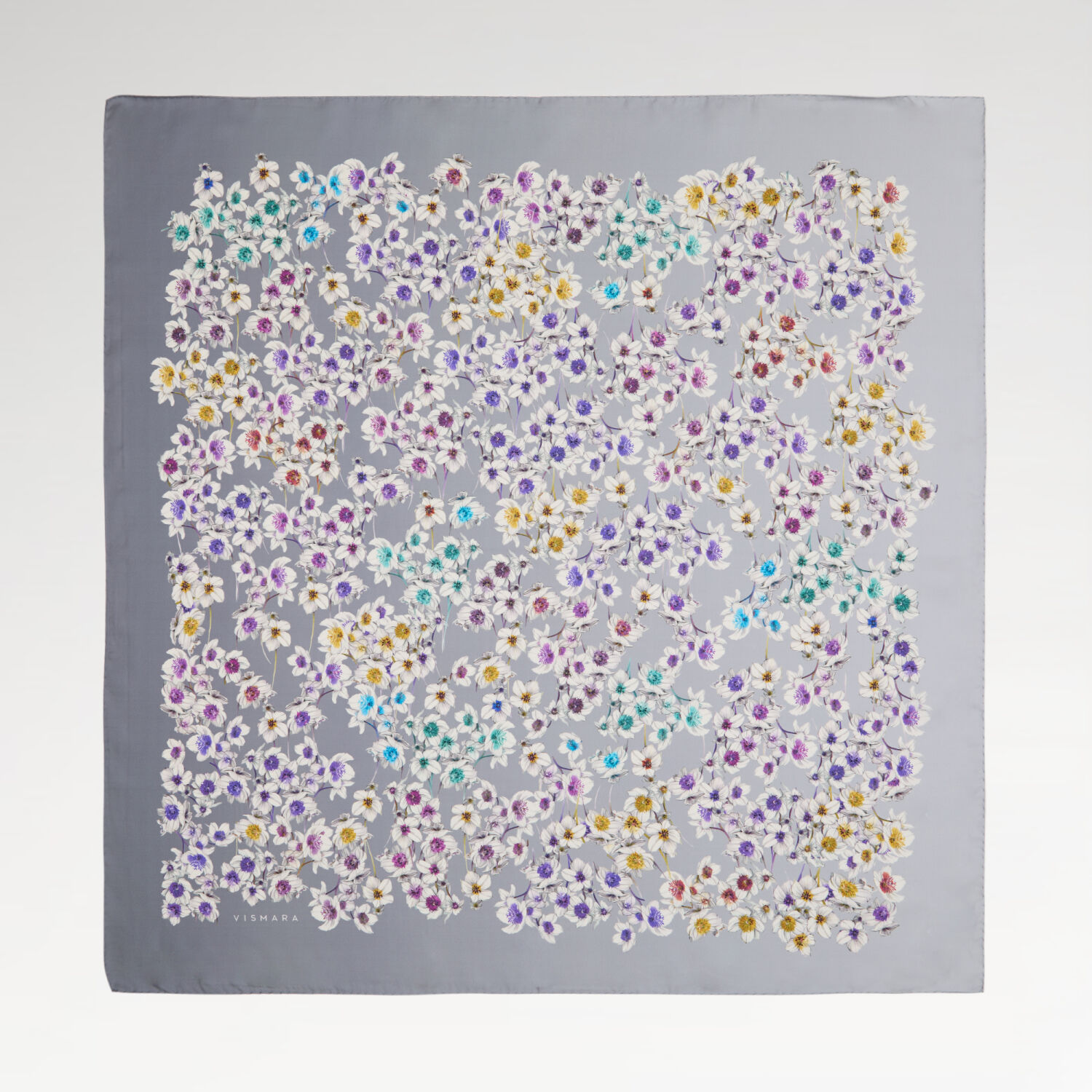 Grey Watercolour Floral Pattern Twill Silk Square Scarf - 1