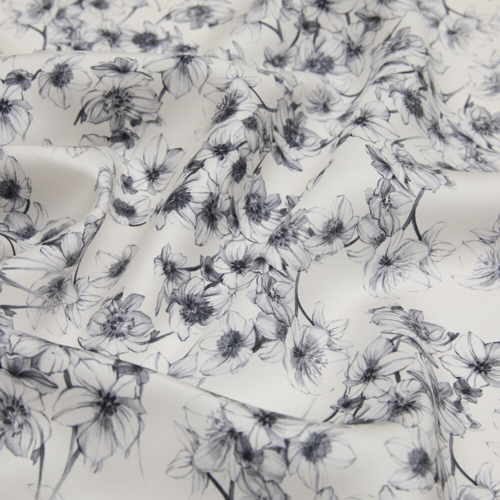 Grey White Watercolor Floral Pattern Twill Silk Square Scarf - Vismara