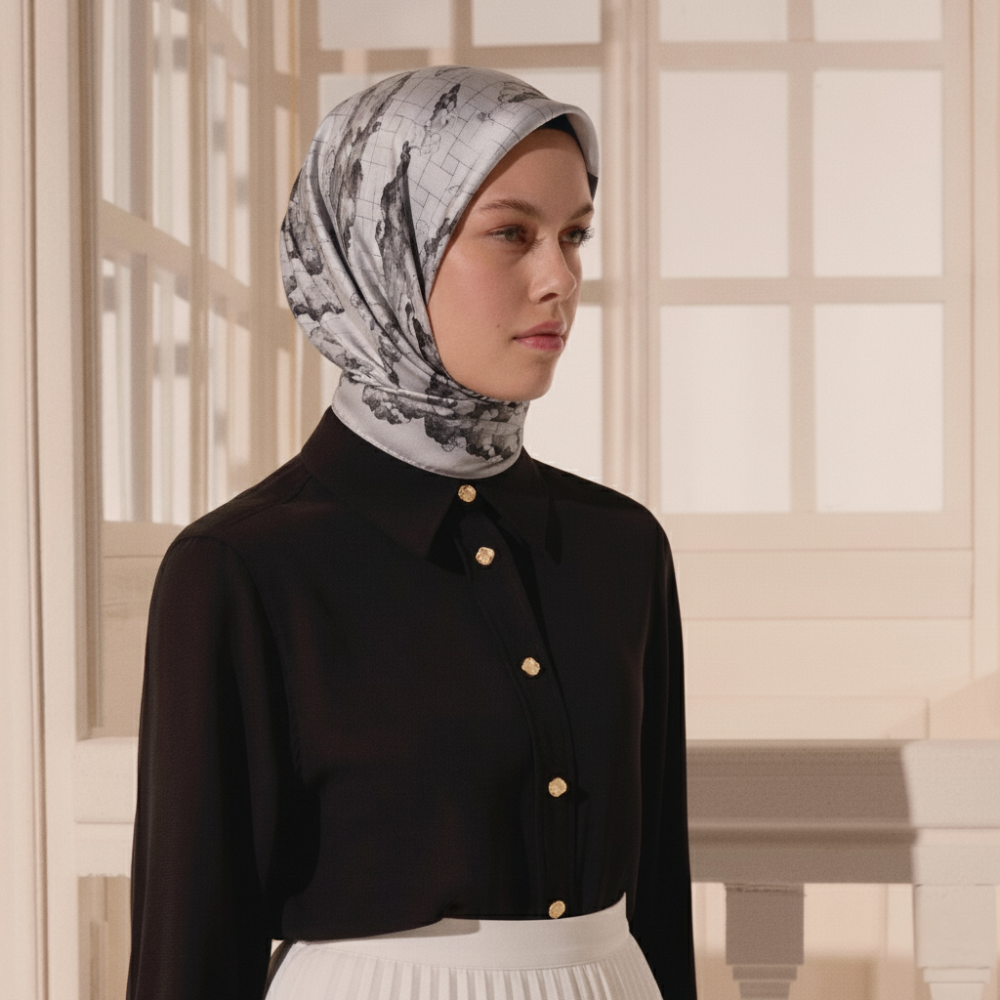 Gri Bulutların Dansı Desenli Twill İpek Eşarp - 3