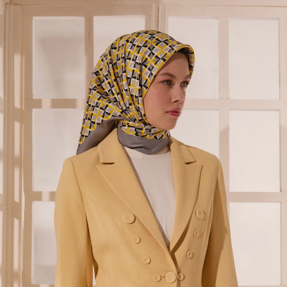 Gri Diamond Line Retro Desen Twill İpek Eşarp - Vismara