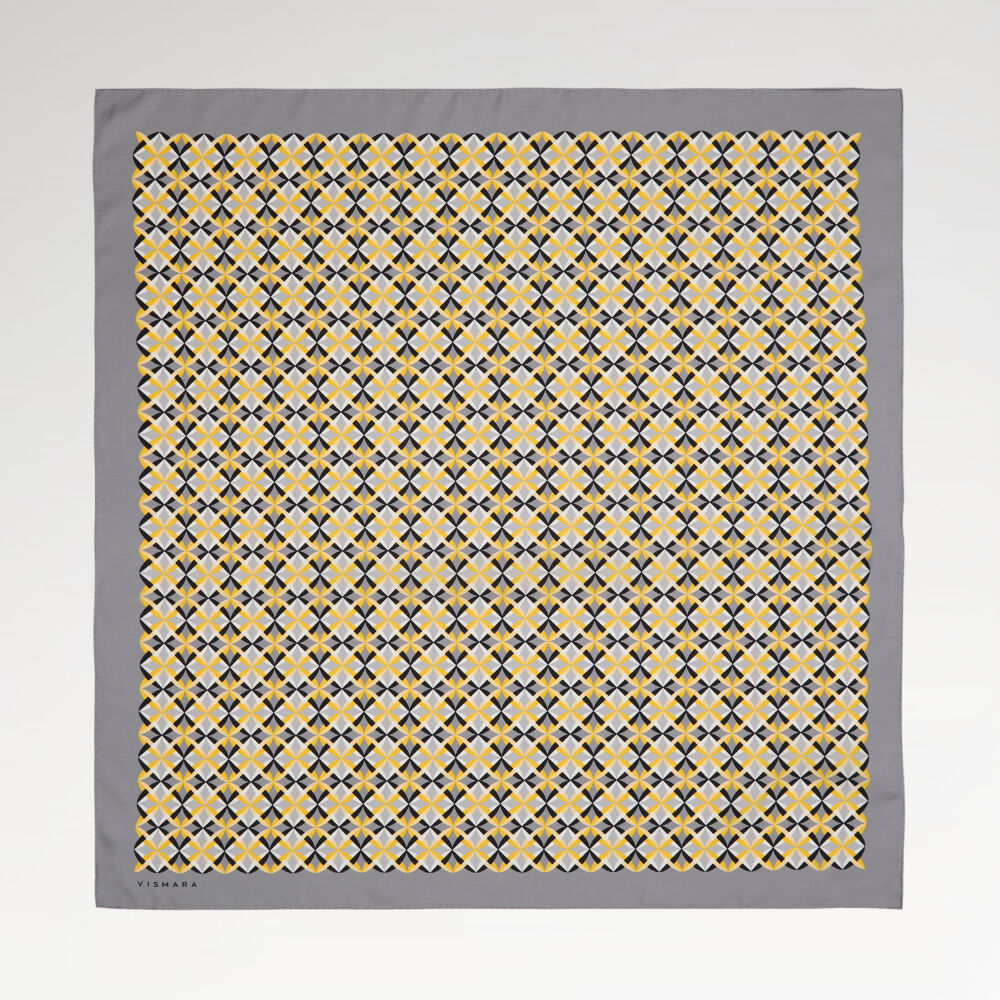 Gri Diamond Line Retro Desen Twill İpek Eşarp