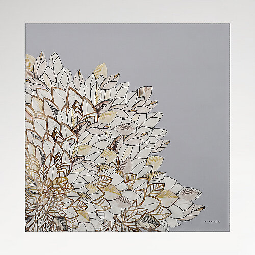 Gri Floral Yaprak Desenli Twill İpek Eşarp