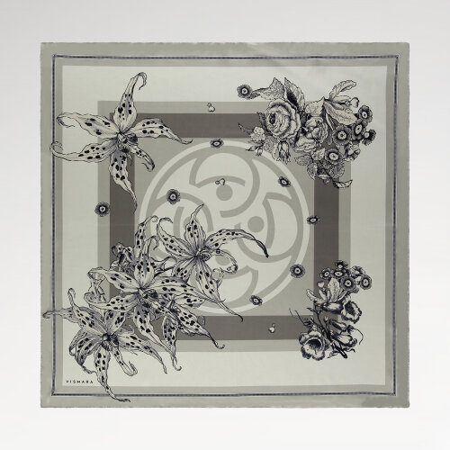 Gri Monogram Flora Desenli İpek Eşarp