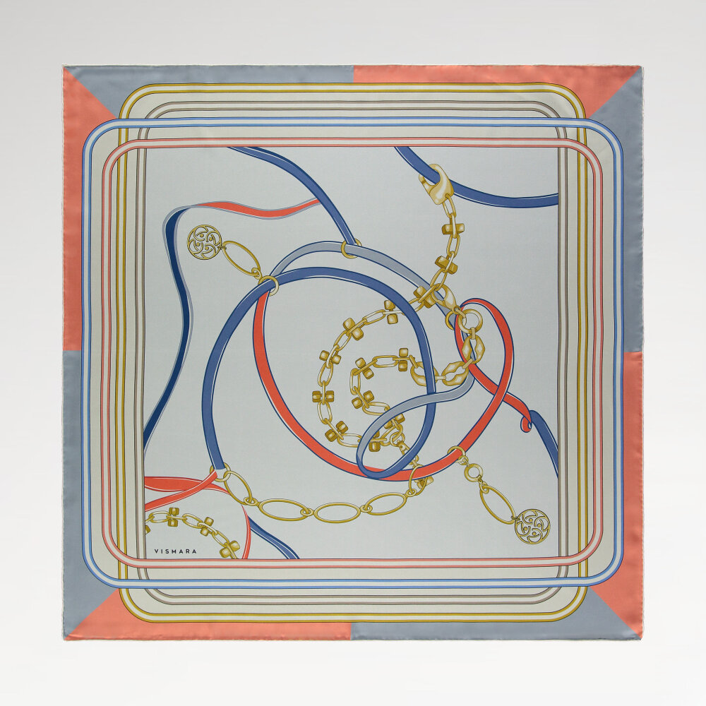 Gri Monogram ve Zincir Desenli İpek Eşarp - 1