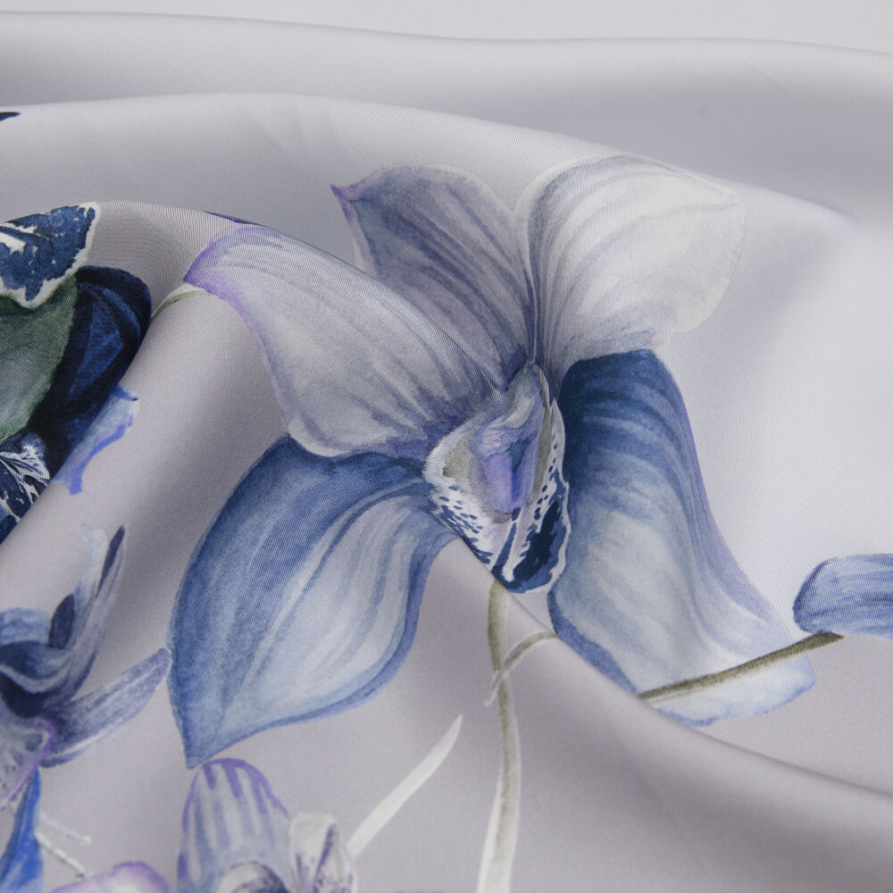 Gri Orkide Çiçeği Desenli Twill İpek Eşarp - Vismara