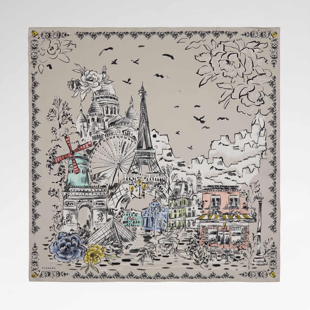 Gri Parisien Desenli Twill İpek Eşarp