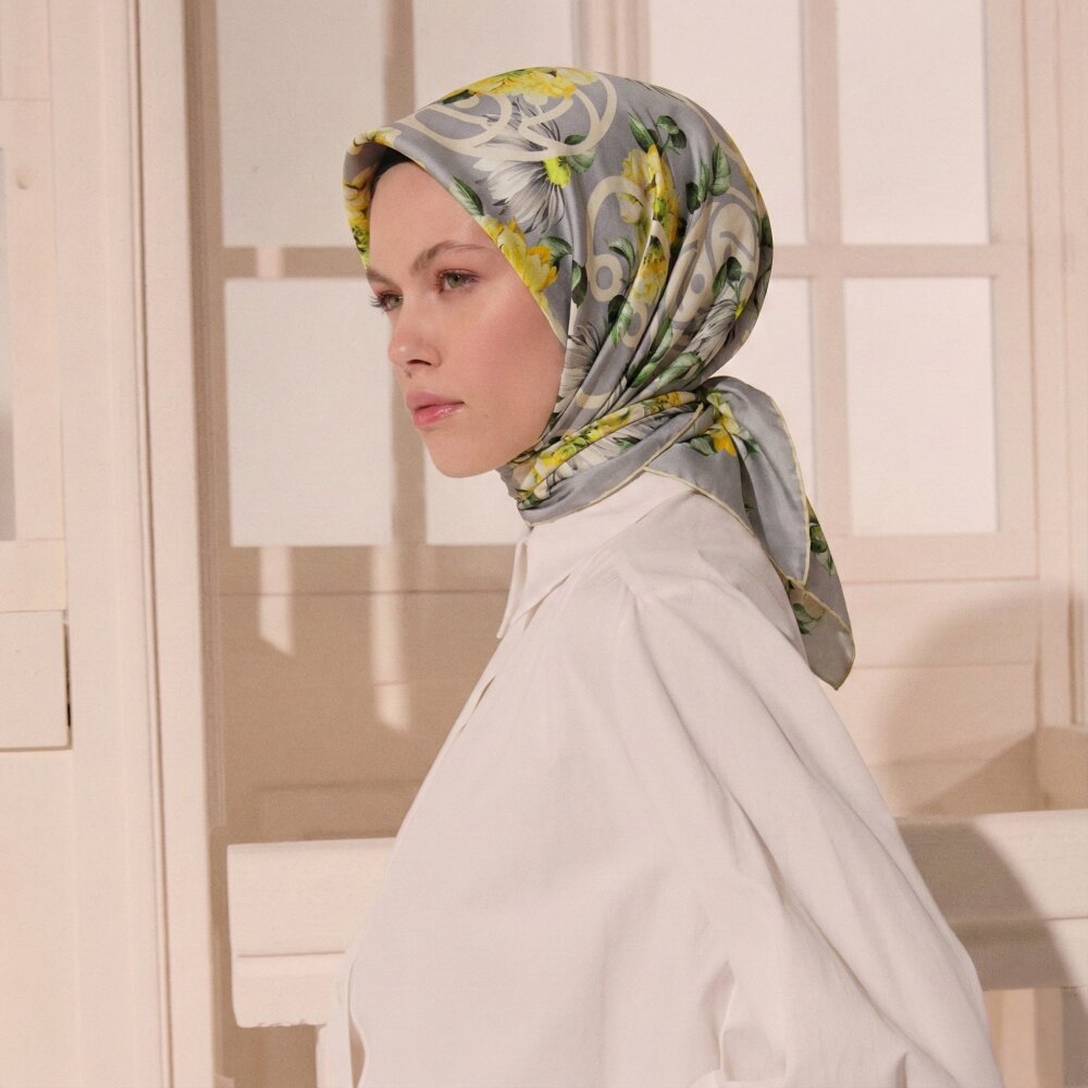 Gri Pure Grace Desen Twill İpek Eşarp - 3