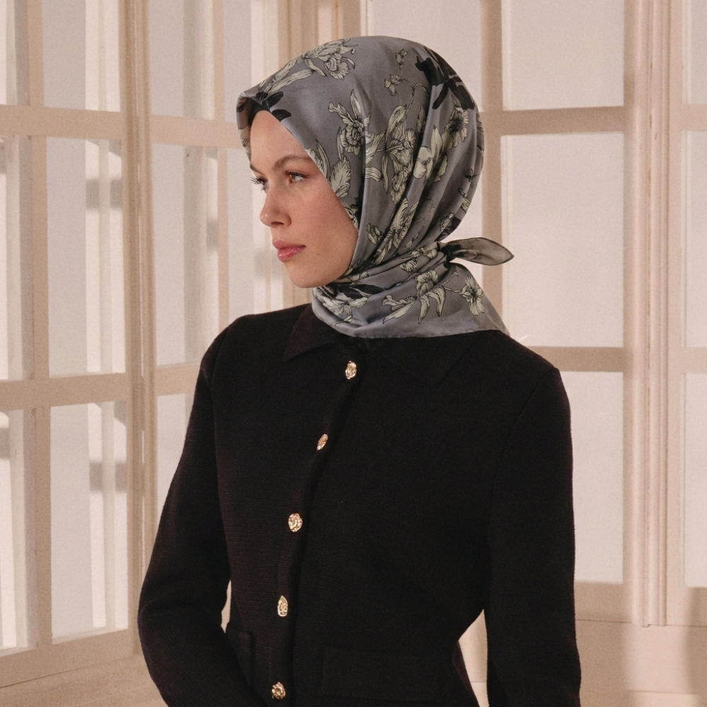 Gri Stilltone Desen Twill İpek Eşarp - 3