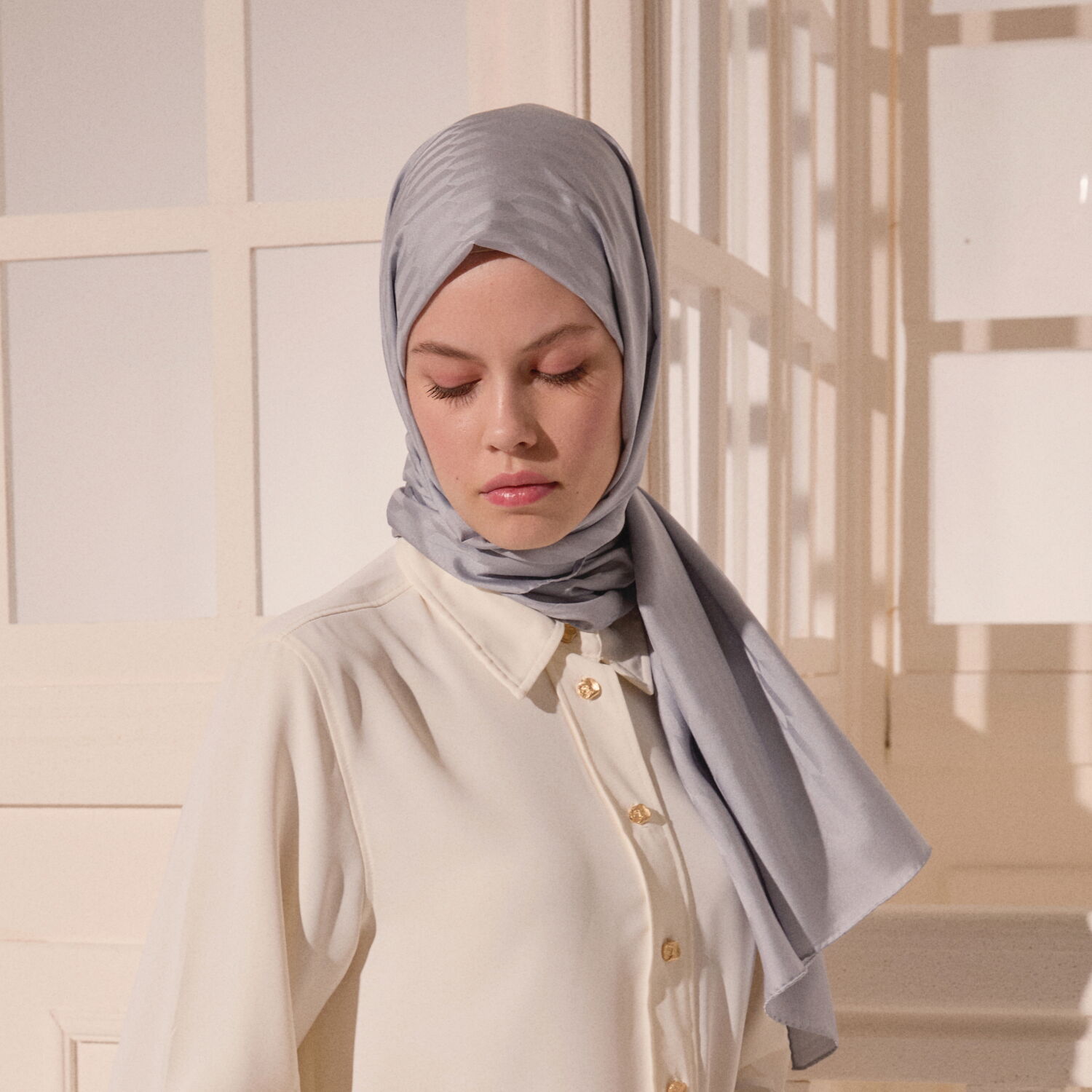 Gümüş Damla Desen Jakarlı Yün İpek Şal - 5