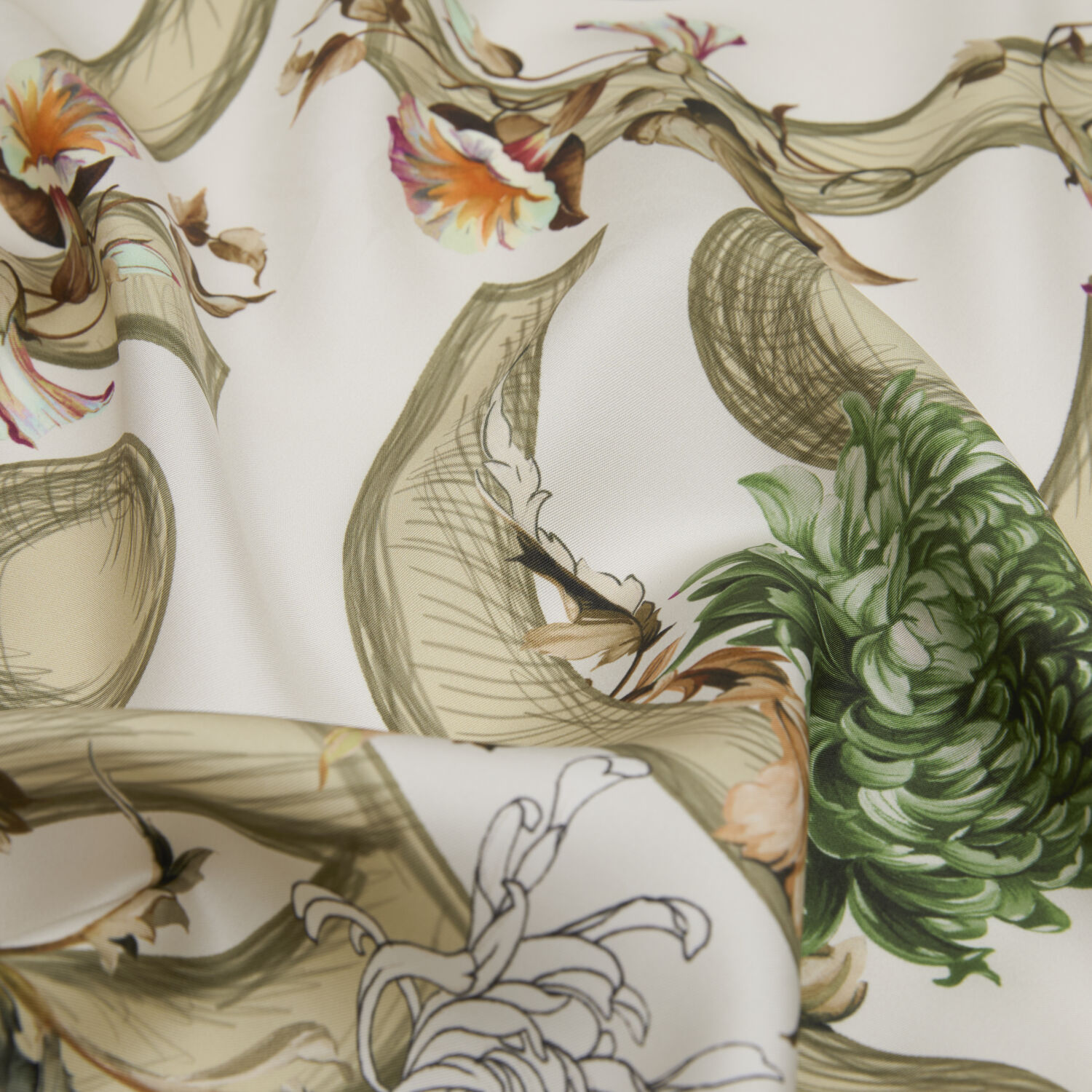 Haki Çiçeklerin Büyüsü Desenli Twill İpek Eşarp - 2