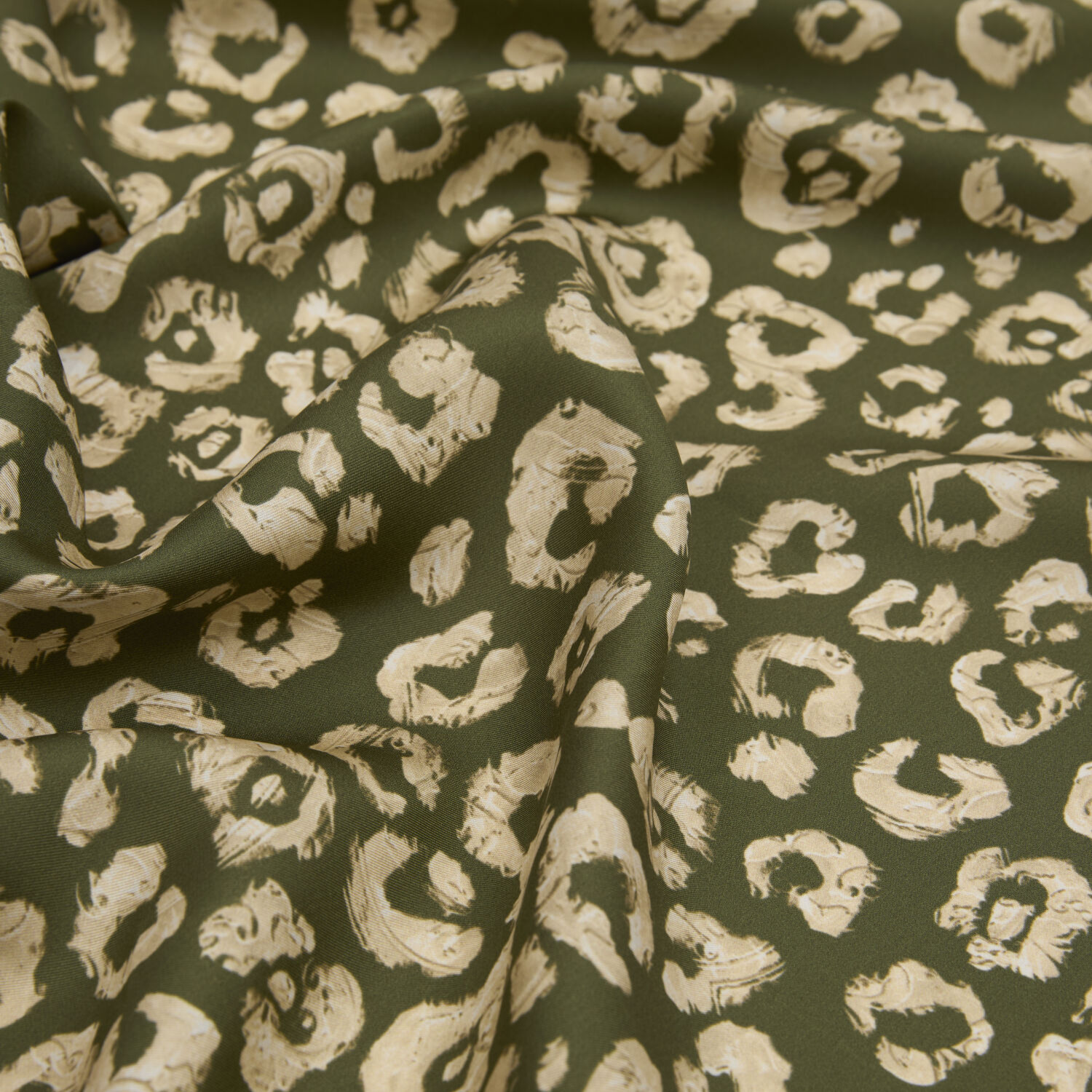 Haki Modern Leopar Doku Desenli Twill İpek Eşarp - 2