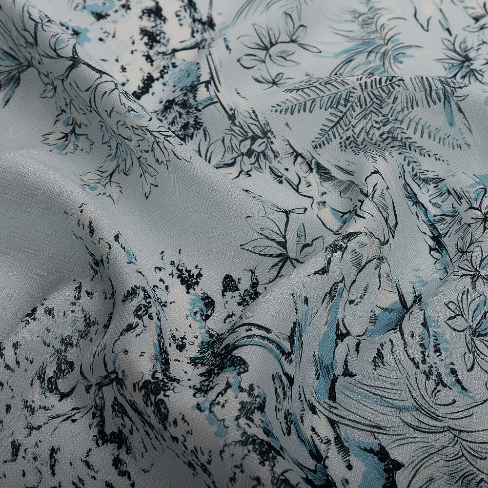 Ice Blue Toile Garden Pattern Silk Scarf - 3