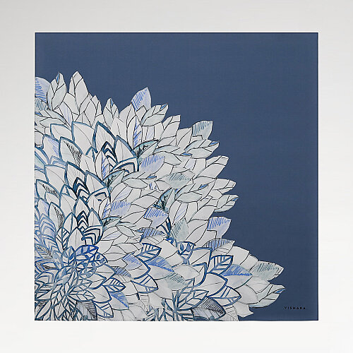 Indigo Floral Leaf Pattern Twill Silk Square Scarf