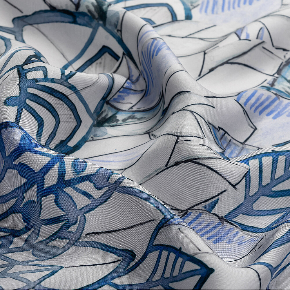 İndigo Floral Yaprak Desenli Twill İpek Eşarp - 2