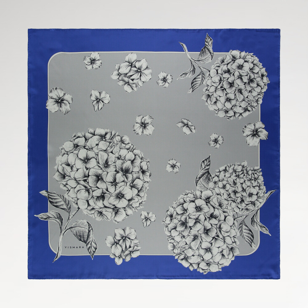 Indigo Hydrangea Flower Patterned Twill Silk Square Scarf