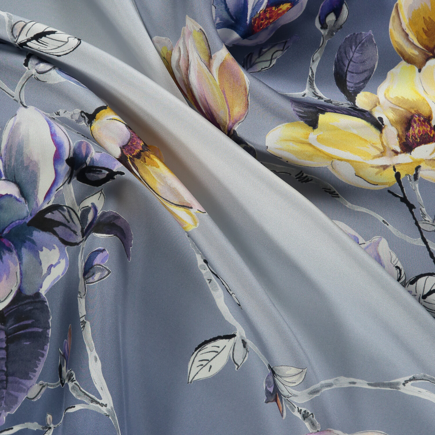 Indigo Magnolia Flower Patterned Twill Silk Square Scarf - 2