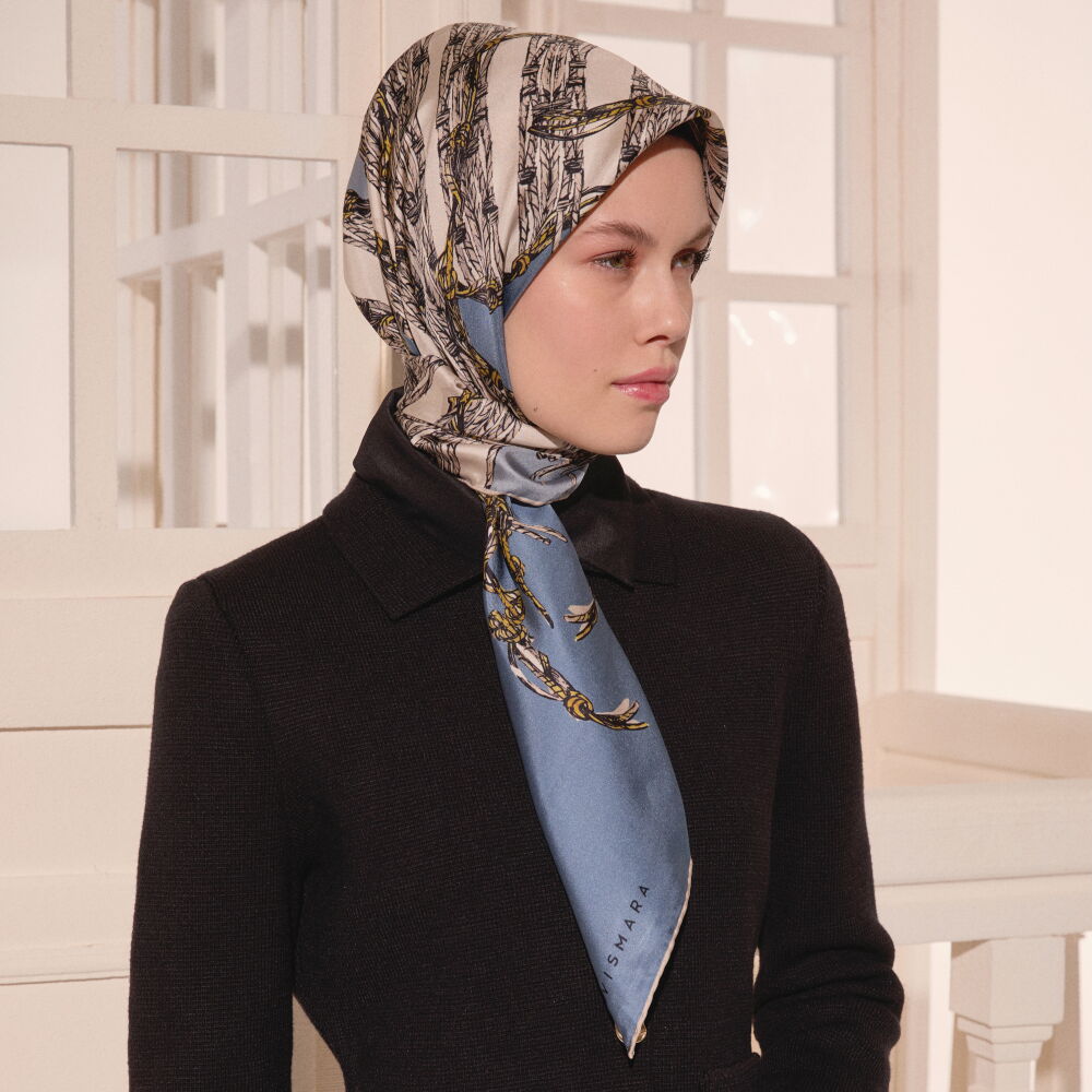 Indigo Rope Pattern Twill Silk Square Scarf - Vismara