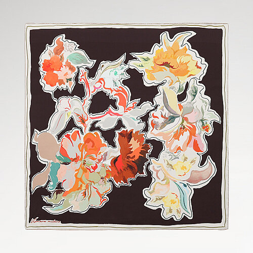 Kahve Soyut Flora Desenli Twill İpek Eşarp