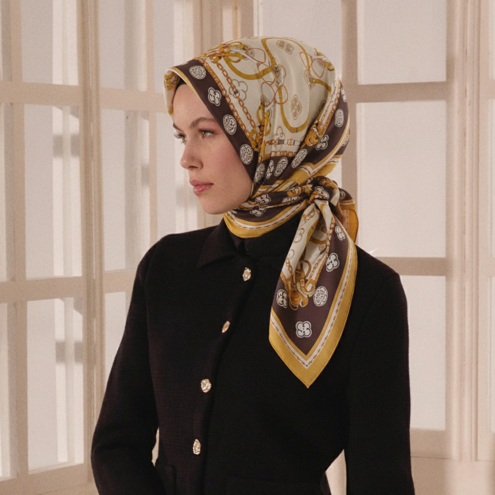 Kahverengi Vismara Monogram Zincir Desenli Twill İpek Eşarp - 3