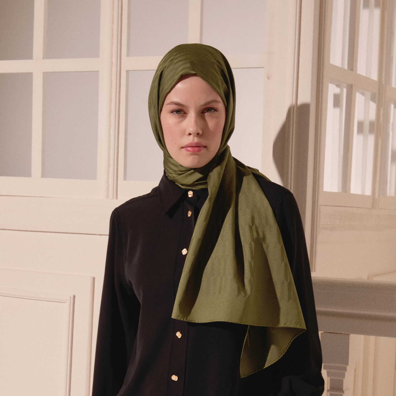Khaki Drop Pattern Jacquard Wool Silk Scarf - 3