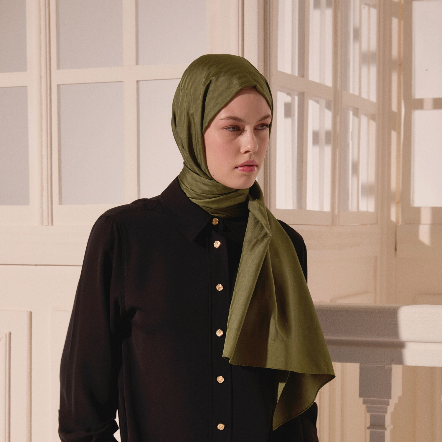 Khaki Drop Pattern Jacquard Wool Silk Scarf - 4