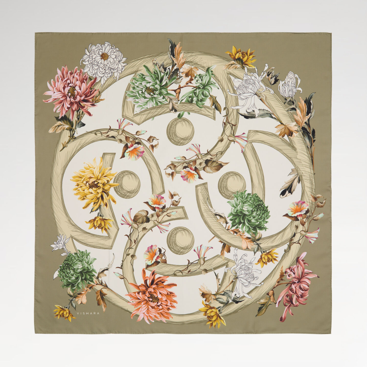 Khaki Flower Magic Patterned Twill Silk Square Scarf - 1