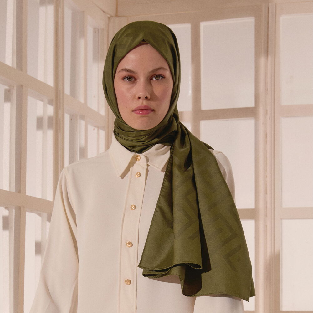 Khaki Green G Pattern Jacquard Wool Silk Scarf - Vismara
