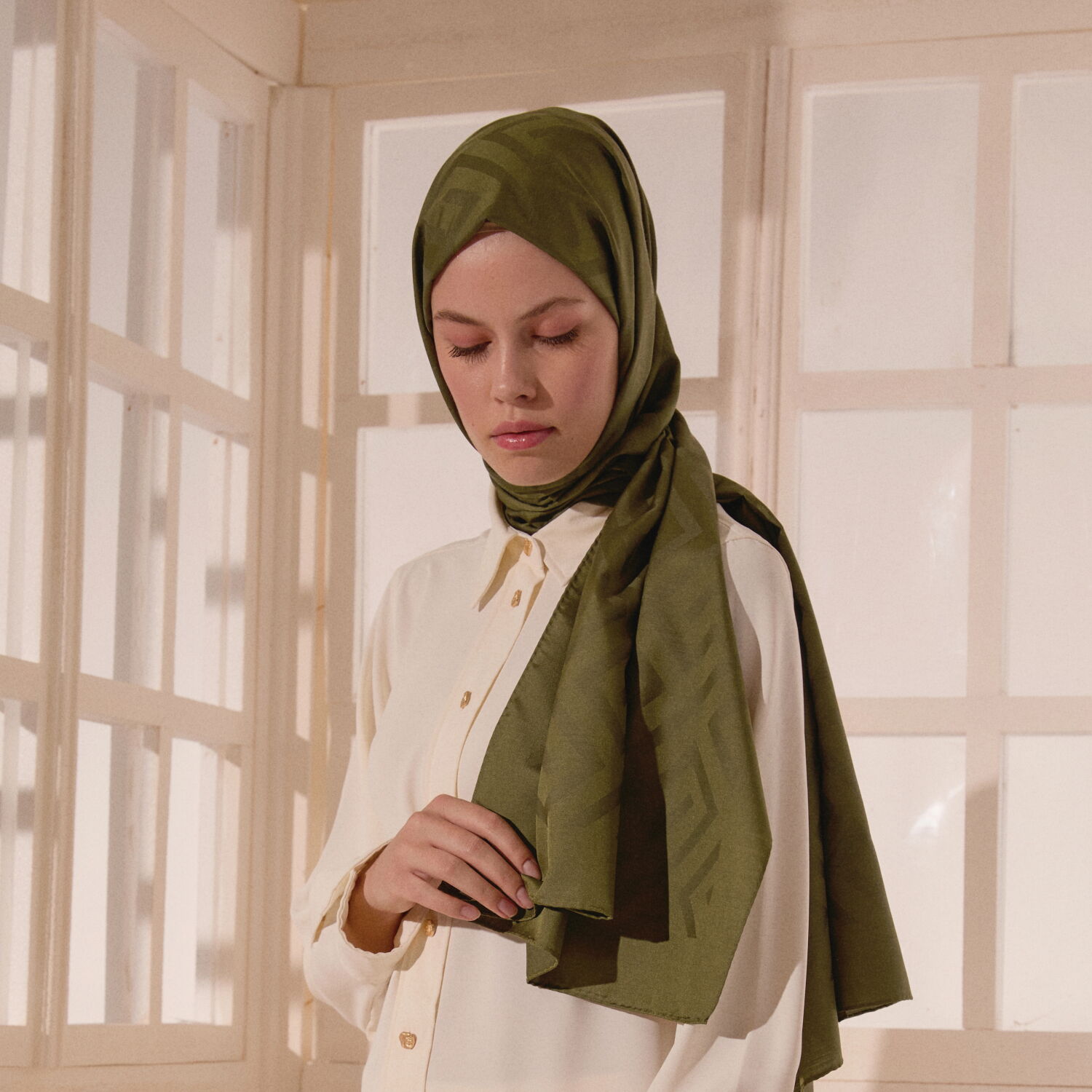 Khaki Green G Pattern Jacquard Wool Silk Scarf - 5