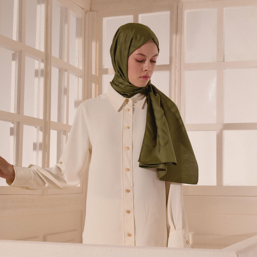 Khaki Green G Pattern Jacquard Wool Silk Scarf - Vismara